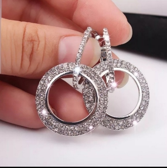 1 PAIR Double Hoop silver earrings BLING - Picture 1 of 2